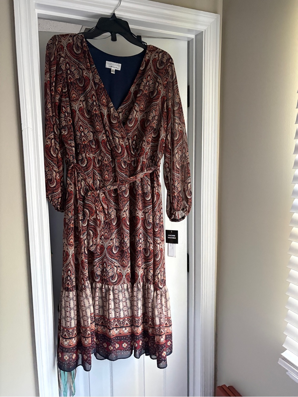 Daniel Rainn Burgundy & Cream Paisley Wrap Midi Dress with Long Sleeves